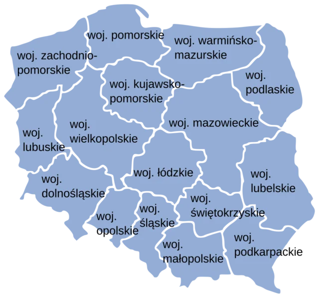 Mapa Polski z podziałem na województwa — obszar montażu drabin ewakuacyjnych KOST PRO