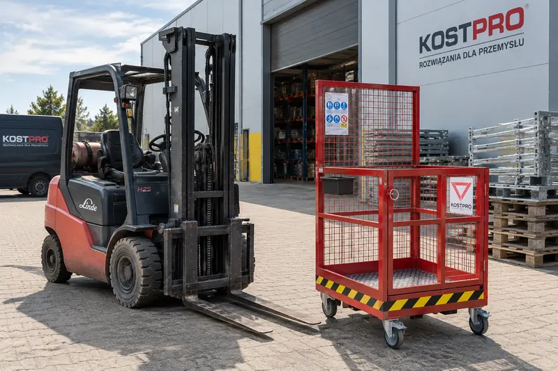 Platforma robocza KOST PRO przy wózku widłowym przed halą.