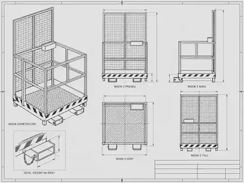 Rysunek techniczny platformy roboczej KOST PRO do wózka widłowego — widok izometryczny, przód, bok, góra, tył i detal kieszeni na widły