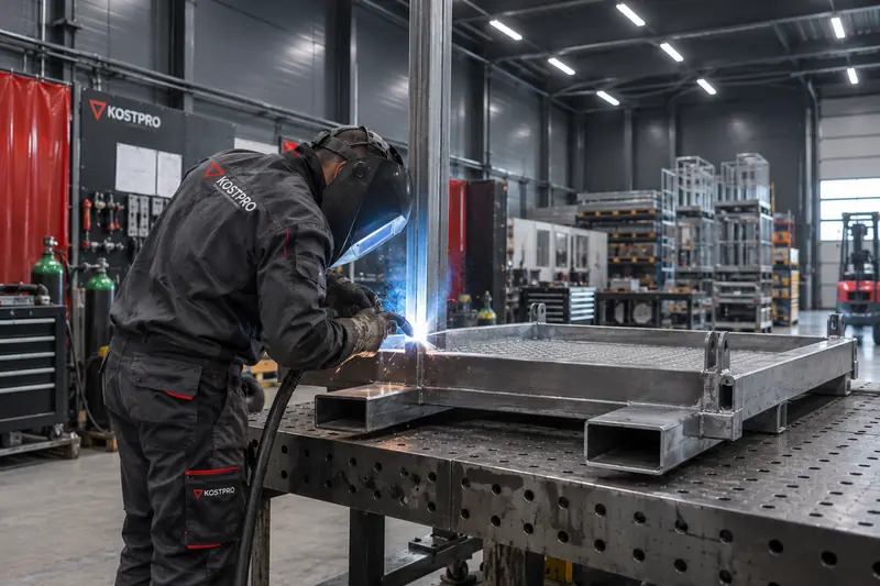 Spawanie konstrukcji platformy roboczej KOST PRO w hali produkcyjnej.